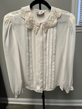 NILAN Ivory Beaded Collar Pleated Blouse